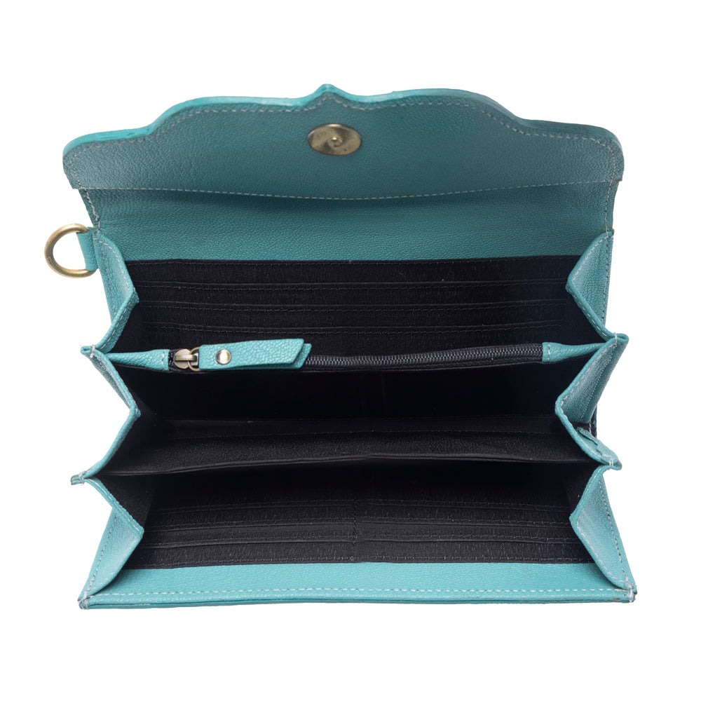 Sunfire Valley Handtooled Hairon Leather Women’s Wallet in Turquoise Pearl