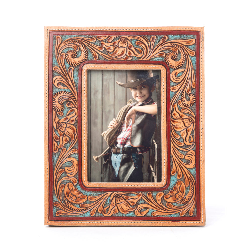 Magnolia Rise Handtooled Leather Photo Frame in Deep Mahogany