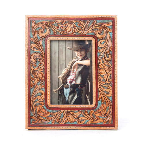 Magnolia Rise Handtooled Leather Photo Frame in Deep Mahogany