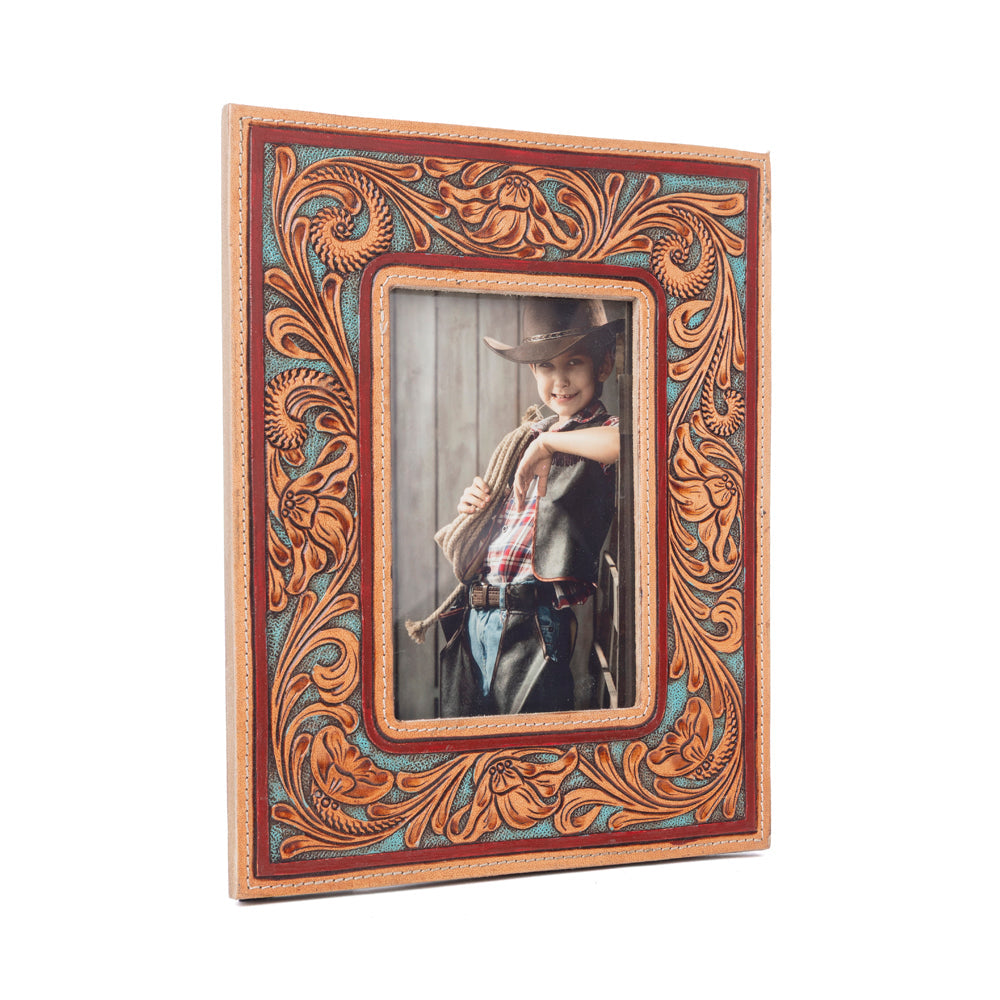 Magnolia Rise Handtooled Leather Photo Frame in Deep Mahogany