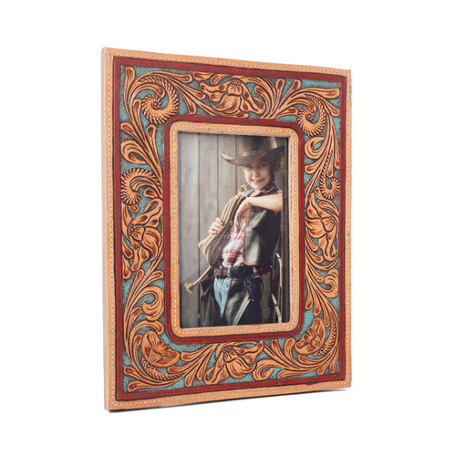 Magnolia Rise Handtooled Leather Photo Frame in Deep Mahogany