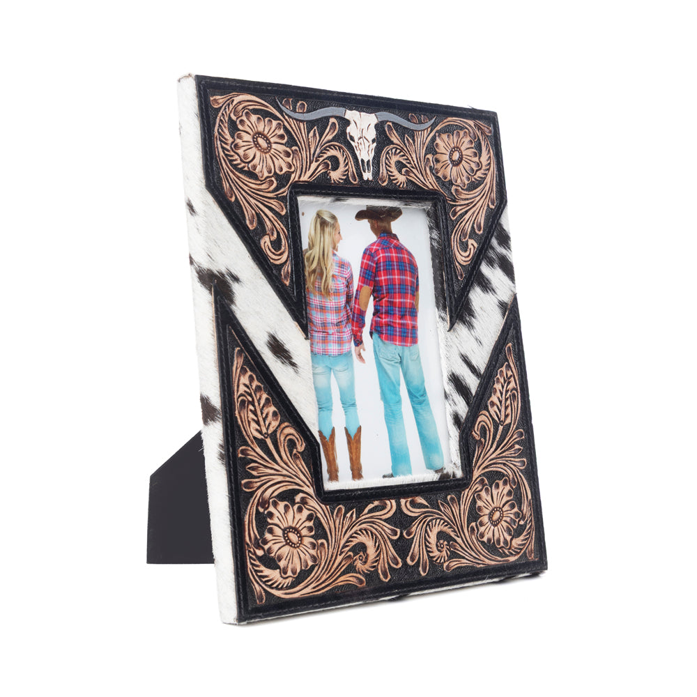 Saddlewood Handtooled Leather Photo Frame in brown with hairon detail, western home décor