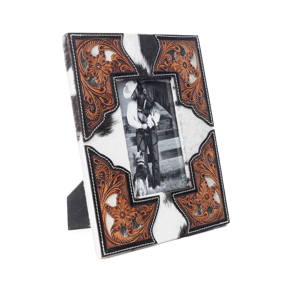 Cornerstone Handtooled Leather Photo Frame in brown with hairon detail, western home décor