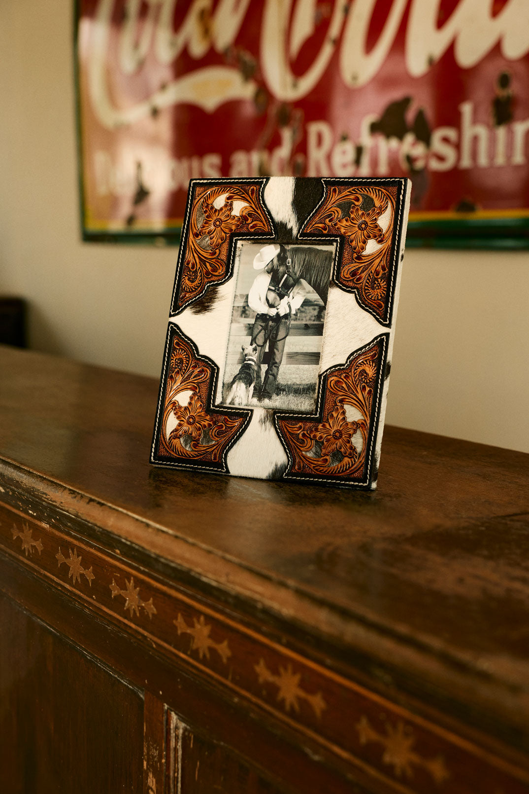 Cornerstone Handtooled Leather Photo Frame in brown with hairon detail, western home décor