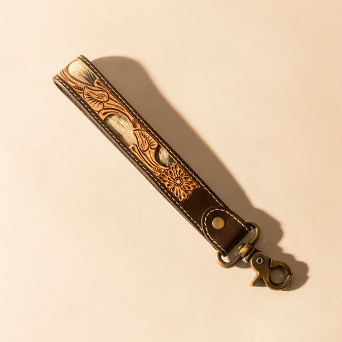Wildvine Pony Western Handtooled Key Fob in dark brown with hairon detail