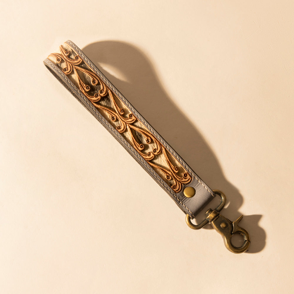Wildvine Pony Western Handtooled Key Fob in dusk blue with hairon detail