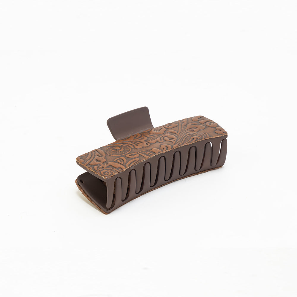 Soilcrest Embossed Leather Hair Clip in Cedar Brown