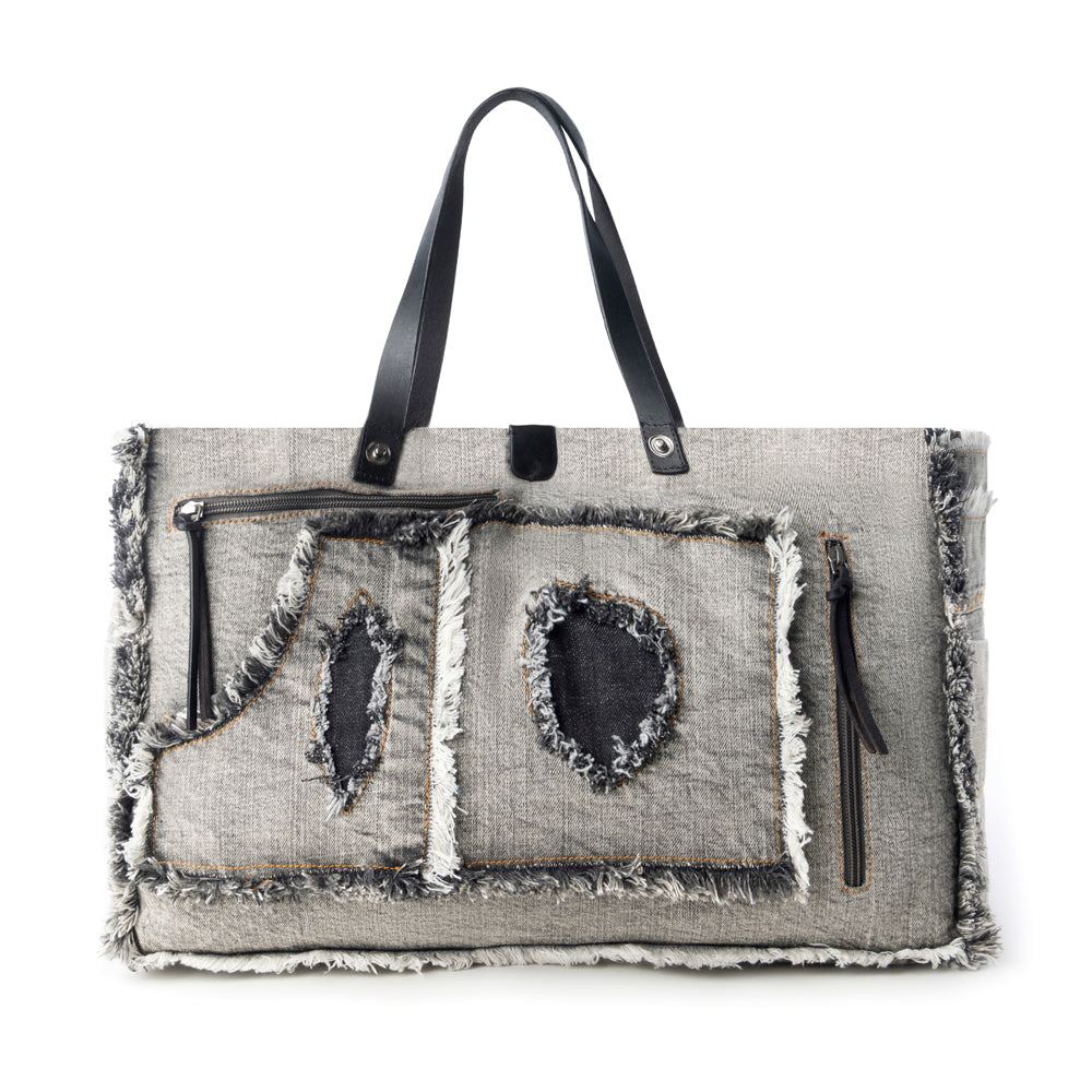 Frayed Frontier Western denim Tote Bag for Women in denim black with fringe detail