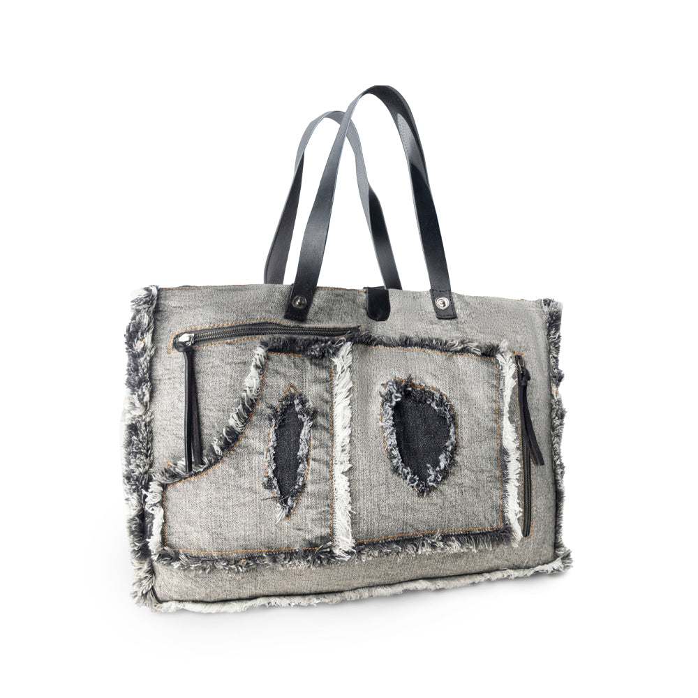Frayed Frontier Western denim Tote Bag for Women in denim black with fringe detail