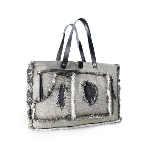 Frayed Frontier Western denim Tote Bag for Women in denim black with fringe detail