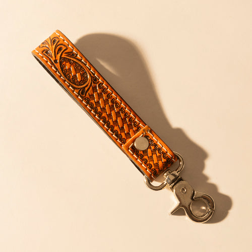 Hide Inlay Western Key Fob in brown with basketweave detail