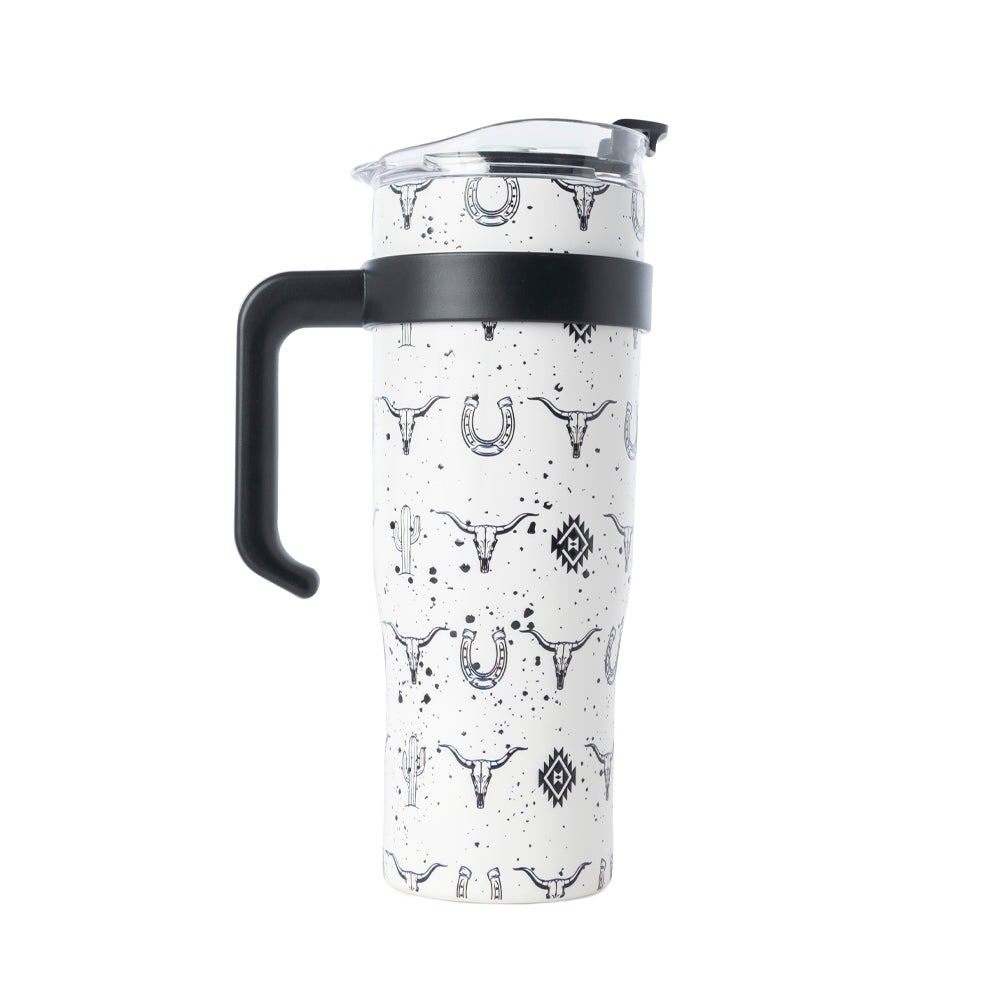 Westmark Tooled Western Tumbler in White Stainless Steel with Leather Wrap and Handle for Use