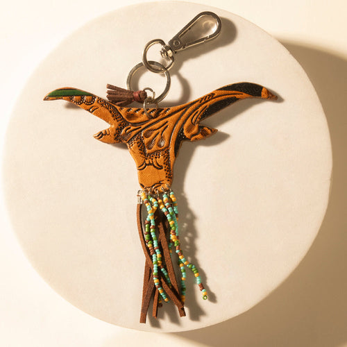 Arroyo Bull Handtooled Leather Key Fob in Honey Aqua