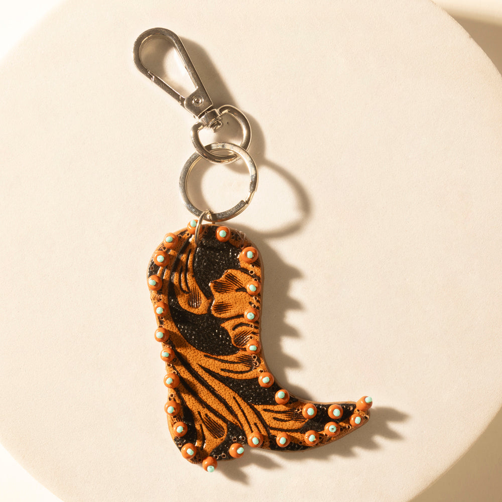 Copper Bay Boot Handtooled Leather Key Fob in Rust Orange