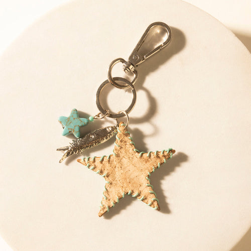 Moonlight Bay Star Handtooled Leather Key Fob in Amber Turquoise