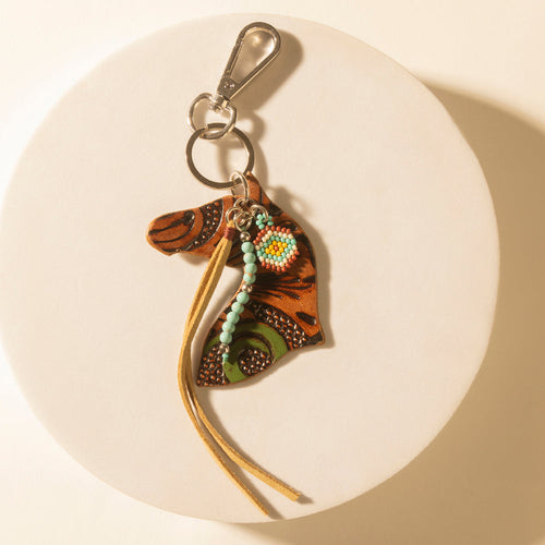 Western Star Horse Handtooled Leather Key Fob in Amber Turquoise