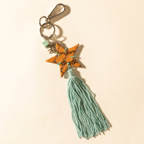 Western Sky Beaded Fringe Handtooled Leather Key Fob in Ocean Blue