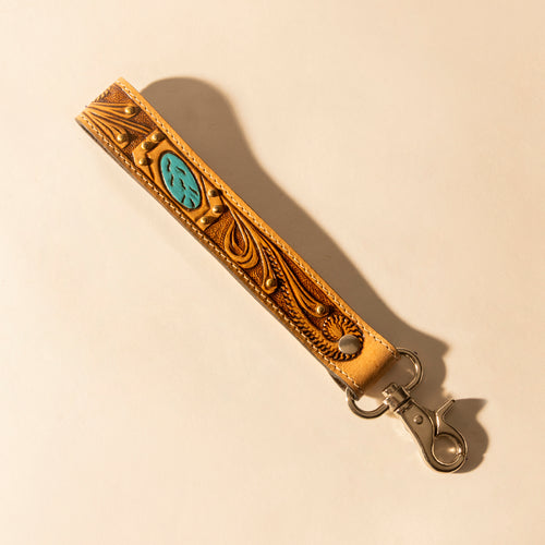 Wildhue Western Key Fob in light brown with turquoise stone handtooled detail
