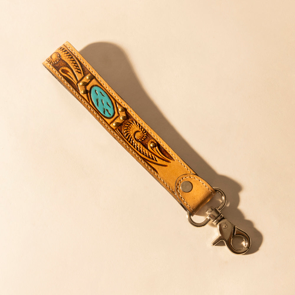 Wildhue Western Key Fob in light brown with turquoise stone handtooled detail