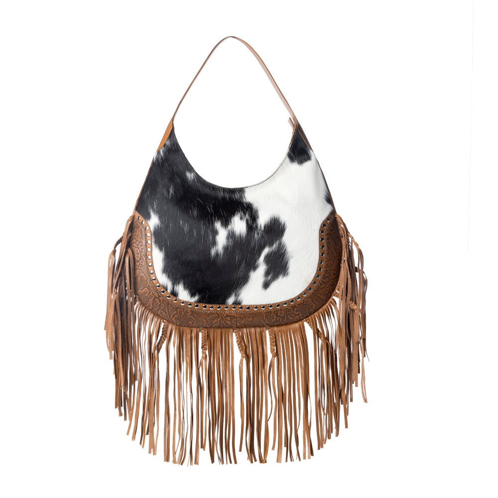 Lasso Lane Hairon Leather Bag for Women in brown with fringe and embossed detail