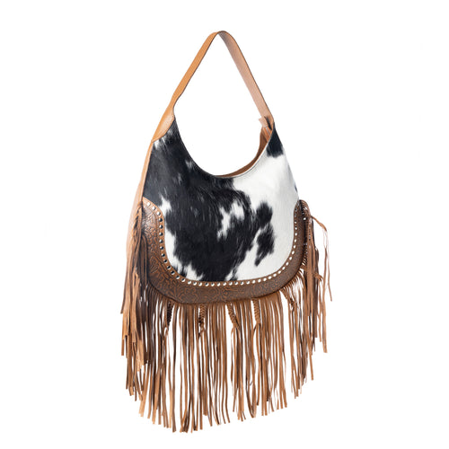 Lasso Lane Hairon Leather Bag for Women in brown with fringe and embossed detail