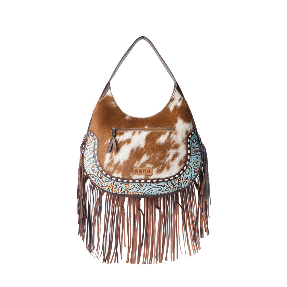 Lasso Lane Hairon Leather Bag for Women in tan with fringe and embossed detail