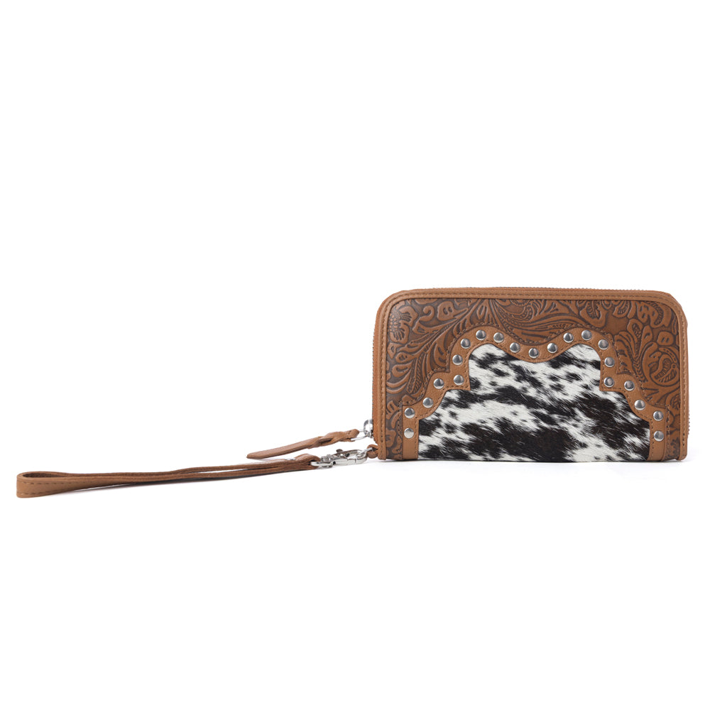 Sunset Ridge Handtooled Hairon Leather Wallet in Honey Snow