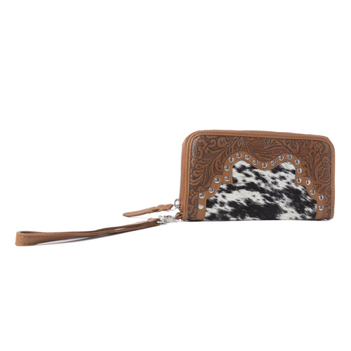 Sunset Ridge Handtooled Hairon Leather Wallet in Honey Snow