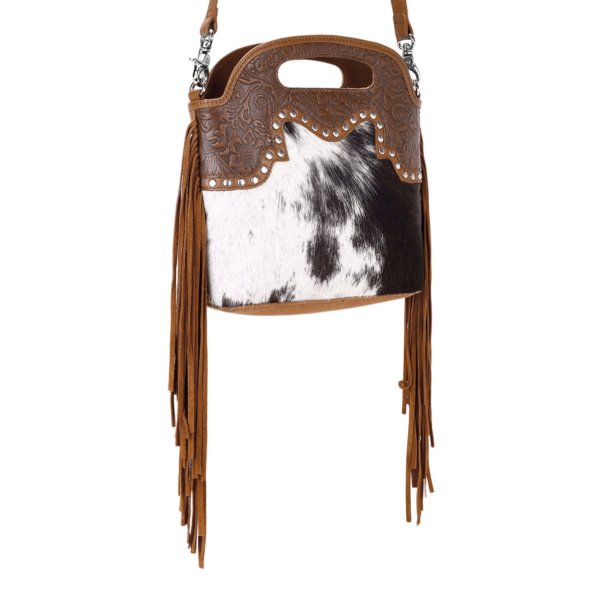 Nolina Crossbody Bag for Women in tan with hair on and tooled leather