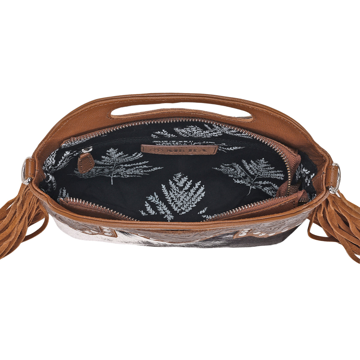 Nolina Crossbody Bag for Women in tan with hair on and tooled leather