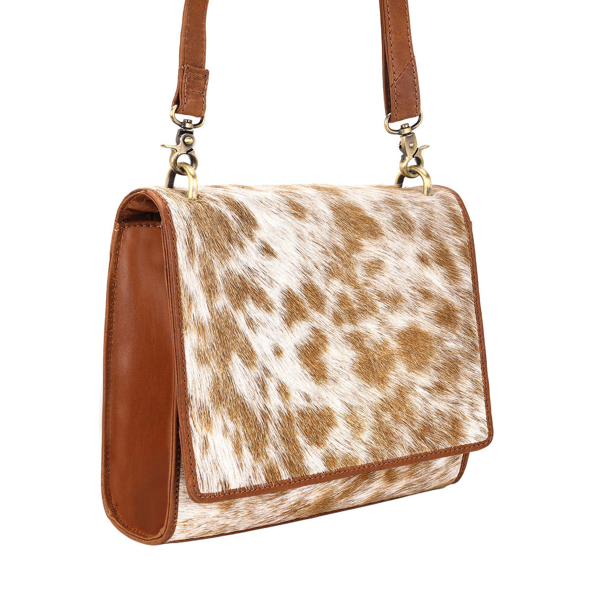 Hollowbend Crossbody Bag for Women in tan with hair on and leather strap