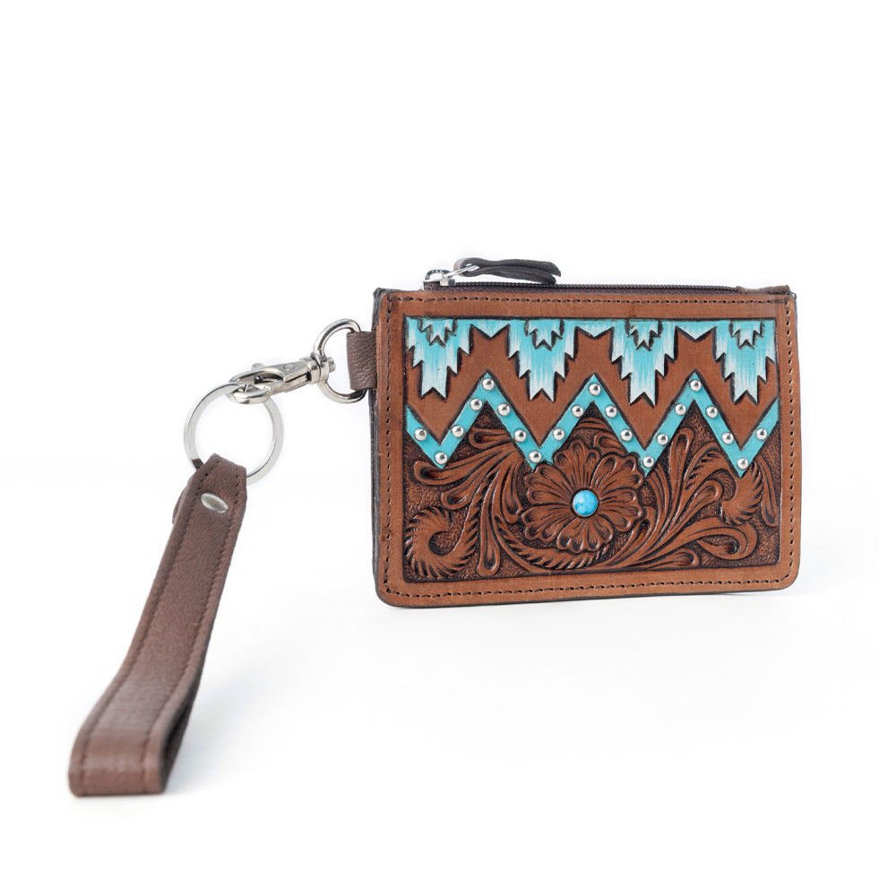Hand Hewn Western Card Holder for Women in Brown & Turquoise with handtooled detail