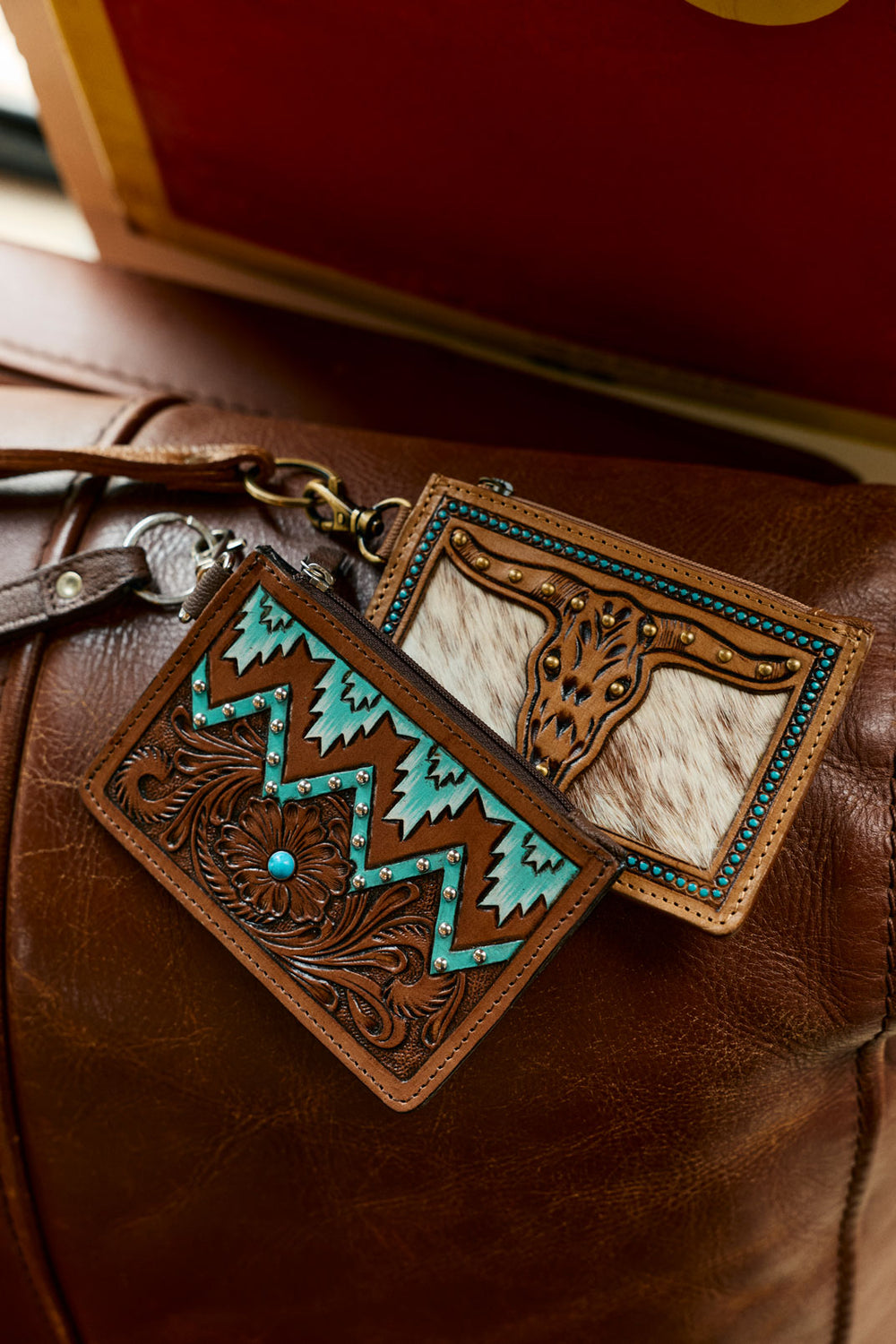 Hand Hewn Western Card Holder for Women in Brown & Turquoise with handtooled detail