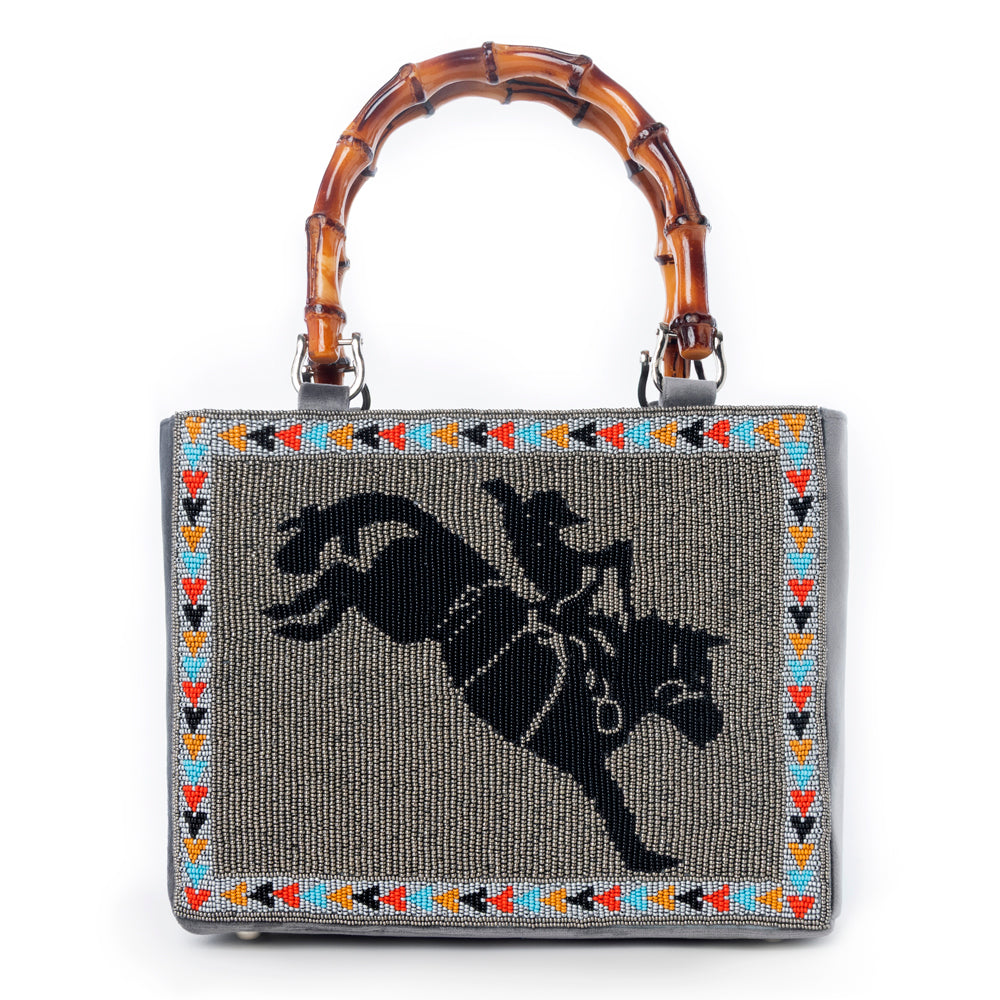 Free Rein Western hand beaded Bag in grey with bamboo handle and horse embroidery