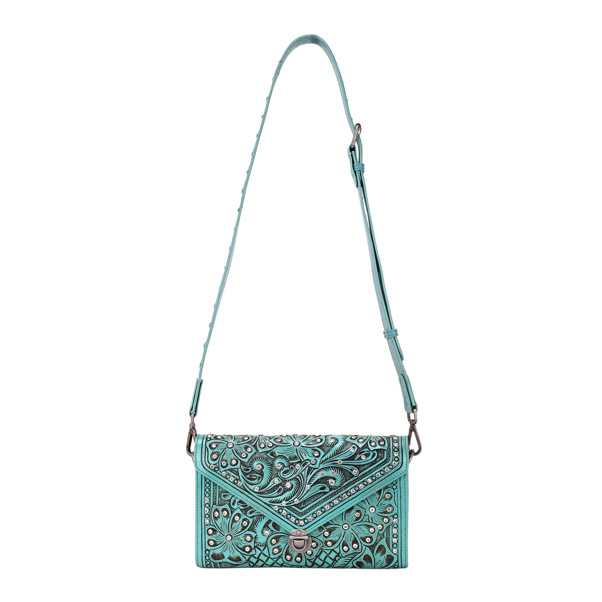 Circe Hand Tooled Bag for Women in turquoise with rhinestones