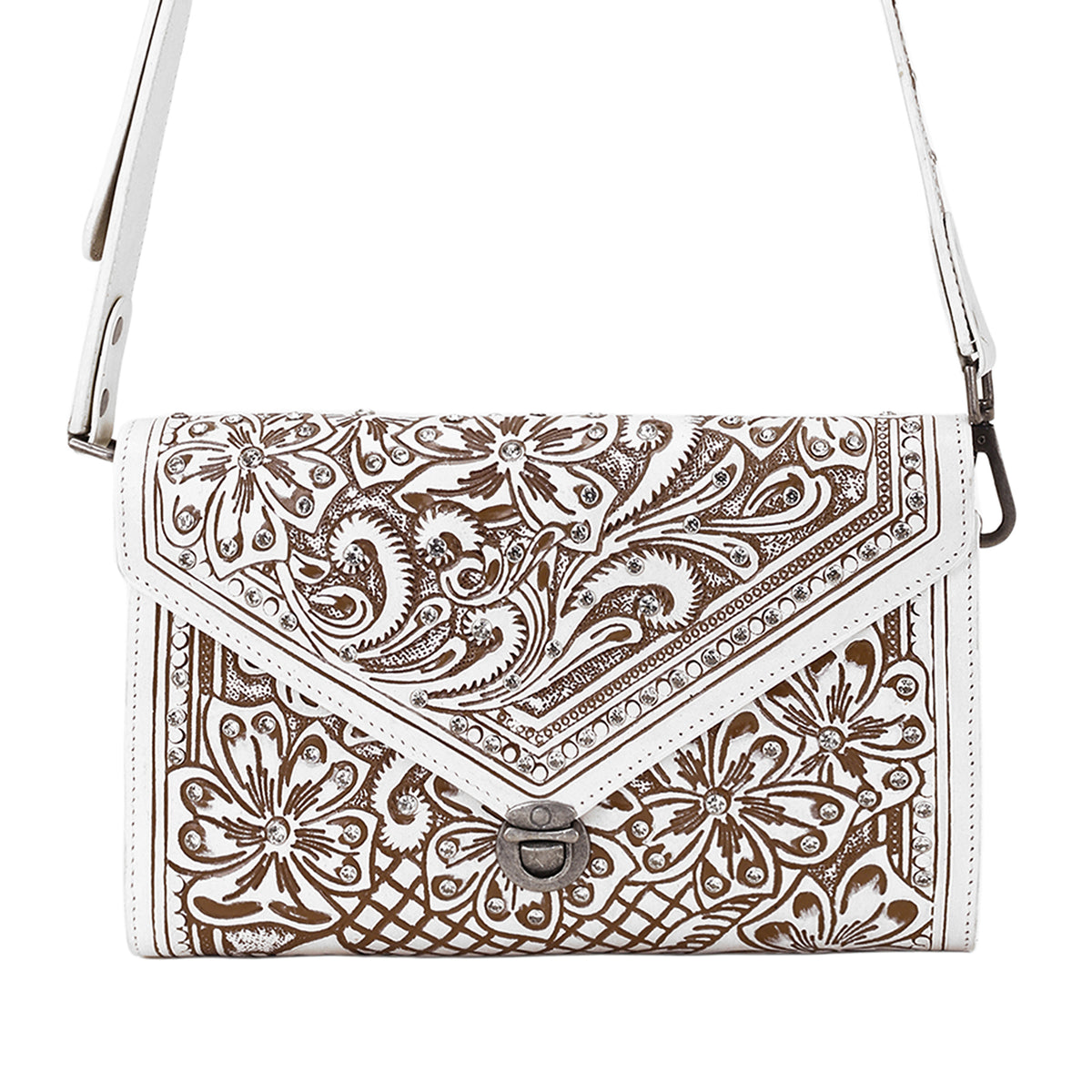 Circe Hand Tooled Bag for Women in white with rhinestones