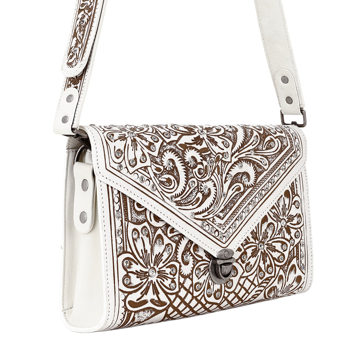 Circe Hand Tooled Bag for Women in white with rhinestones