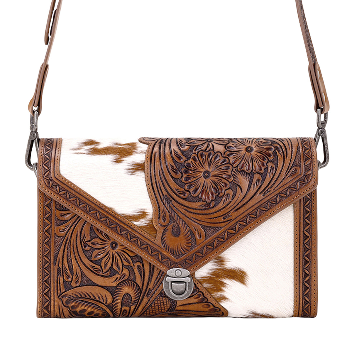 Circe Hand Tooled Bag for Women in tan with hairon