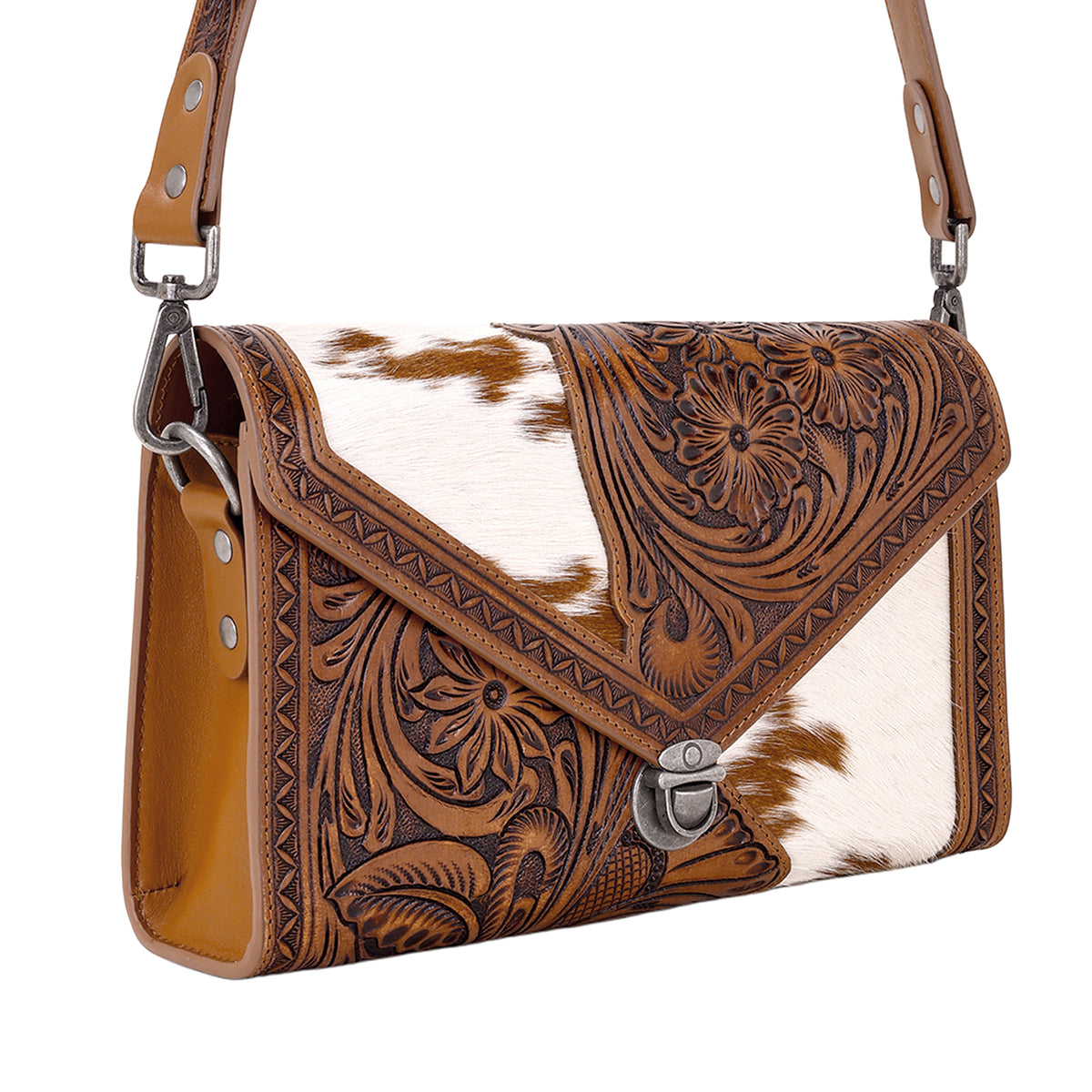 Circe Hand Tooled Bag for Women in tan with hairon