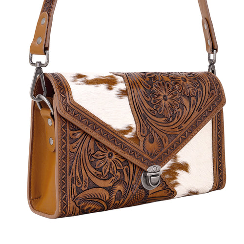 Circe Hand Tooled Bag for Women in tan with hairon