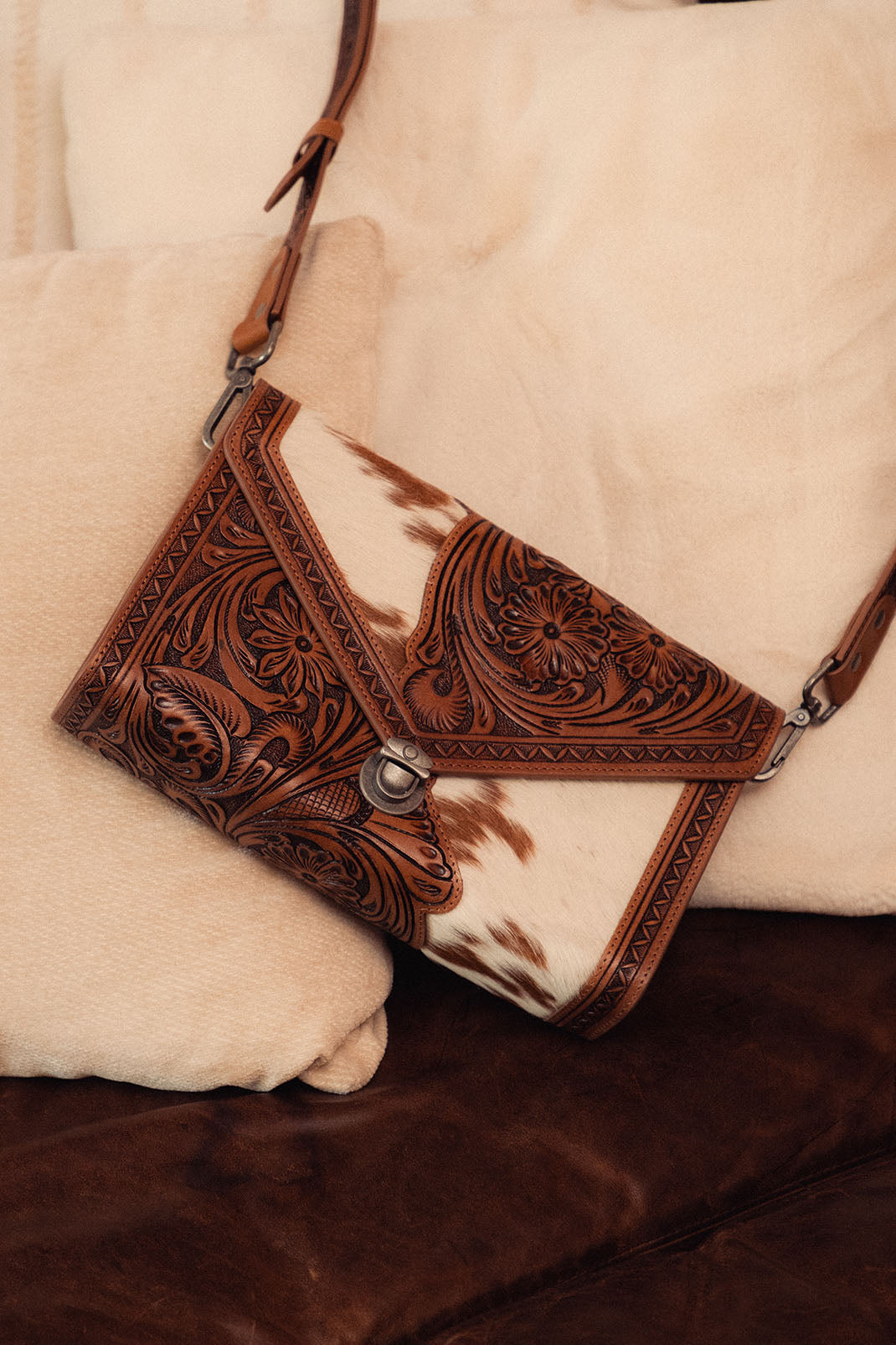 Circe Hand Tooled Bag for Women in tan with hairon
