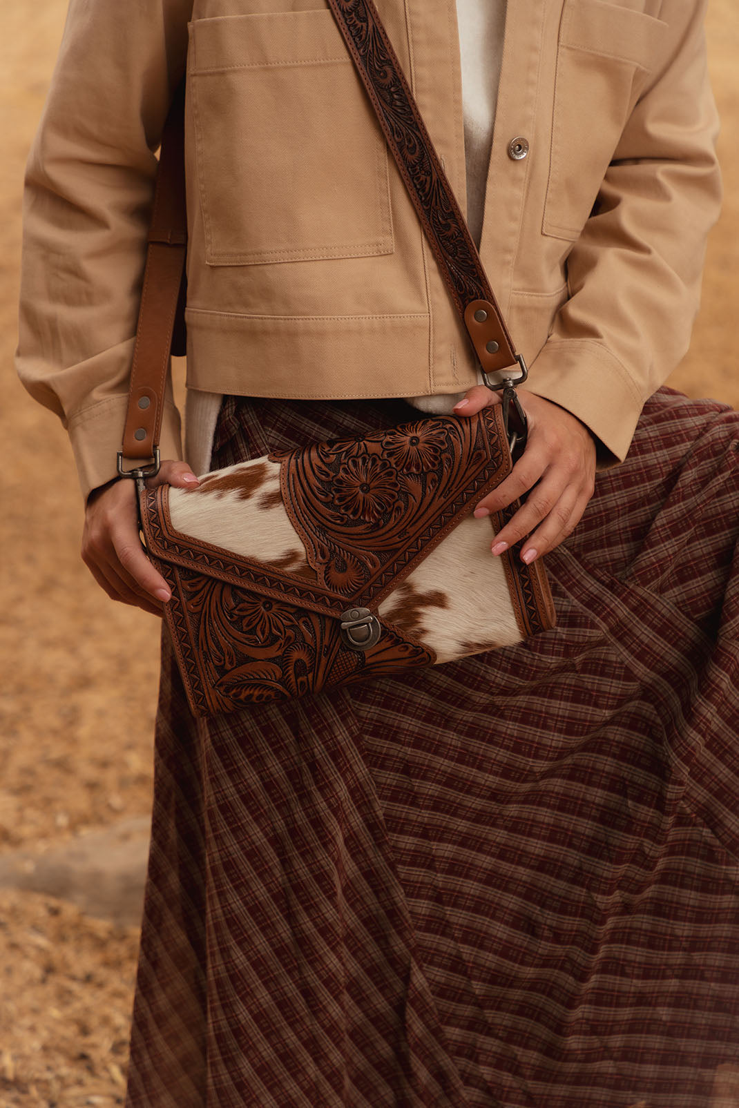 Circe Hand Tooled Bag for Women in tan with hairon