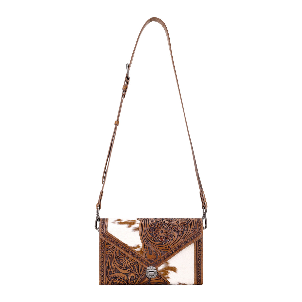 Circe Hand Tooled Bag for Women in tan with hairon