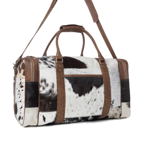 Rustic Vista Handtooled Hairon Ruffle Traveller Bag in Cocoa Frost