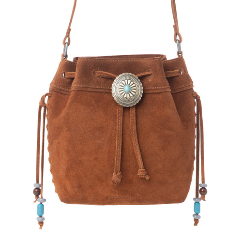 Yellowstone Sundown Ember Suede Leather Bucket Bag in Maple Brown