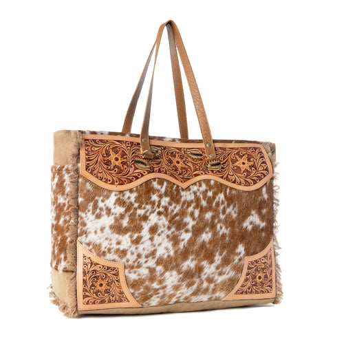 Cartwright Hand-Tooled Bag in Tan & White