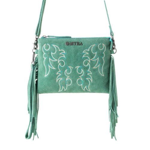 Boot Stitch Suede Bag for Women in green with embroidery and fringe detail