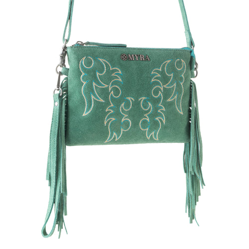 Boot Stitch Suede Bag for Women in green with embroidery and fringe detail
