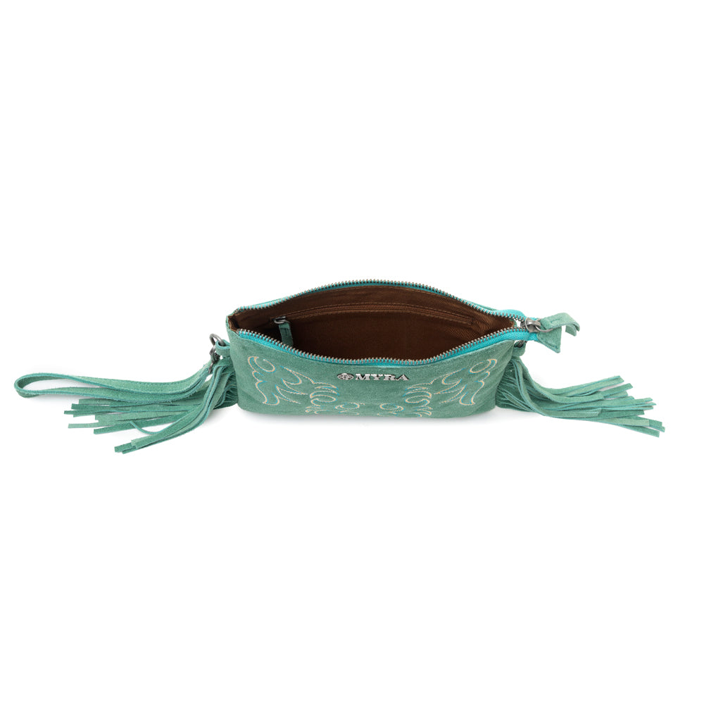 Boot Stitch Suede Bag for Women in green with embroidery and fringe detail