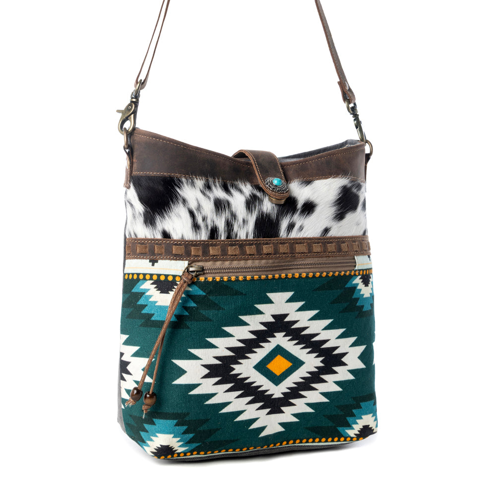Wovenstone Western shoulder Bag for Women in green with Aztec detail
